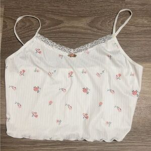 Floral Lace Trim Tank Top - White with Pink Accents